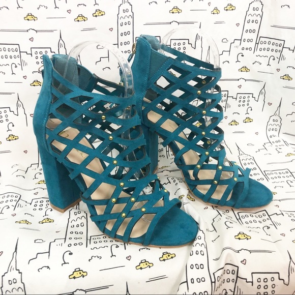 teal block heels